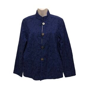 Chico's Womens 1 Royal Blue Collared Shirt Jacket Textured Blazer Button Loop